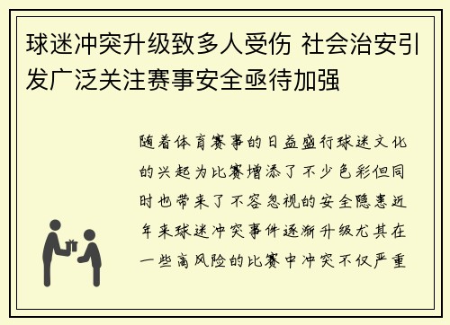 球迷冲突升级致多人受伤 社会治安引发广泛关注赛事安全亟待加强