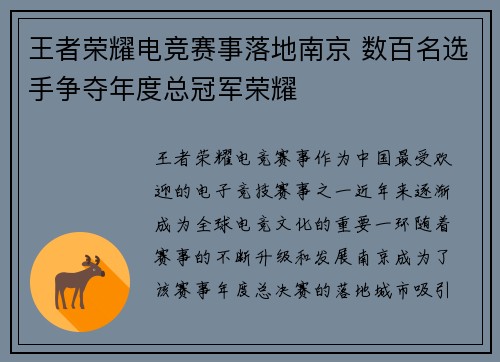 王者荣耀电竞赛事落地南京 数百名选手争夺年度总冠军荣耀