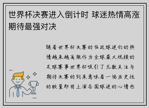 世界杯决赛进入倒计时 球迷热情高涨期待最强对决
