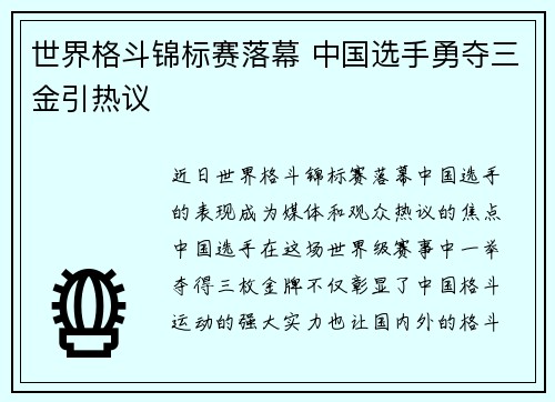 世界格斗锦标赛落幕 中国选手勇夺三金引热议