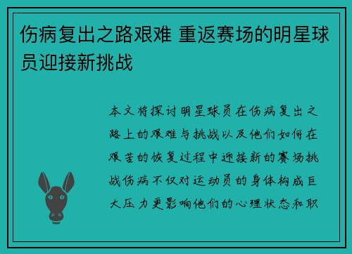 伤病复出之路艰难 重返赛场的明星球员迎接新挑战